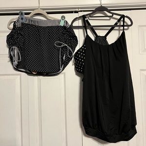 Black & white polka dot No-Wire Blouson Swim Tankini w/ adjustable swim skirt